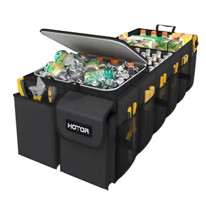 Black Car Trunk Organizer with Insulated Cooler Bag, 3 Compartment Foldable Trunk Storage Organizer for SUV and Car, Heavy Duty Cargo Storage Box for Groceries, Tools and Travel Essentials, Portable Auto Organizer with Lid