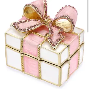 Pink & White Gift Box with Gold Trim and Rhinestone Bow Decorative Storage Box for Jewelry and Keepsakes