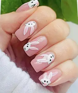 Pink Bunny Rabbit Press On Nails, Handmade Easter Nails, Kawaii Style