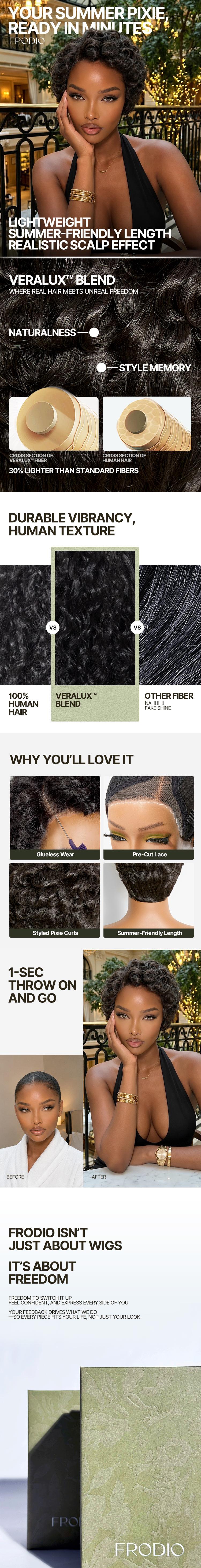 [New Arrival] Frodio Veralux™ Blend Human Hair Short Curly Pixie Wig Layered | Glueless, Pre-Cut Lace, Beginner Friendly, Wear & Go#SohoChic