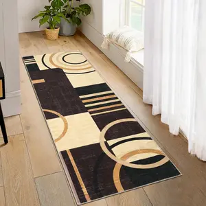 GARVEE Washable Runner Rug 2x8 Modern Circle Rugs Runner Non Slip Low Pile Rug for Hallway Soft Long Rugs Indoor Floor Carpet for Kitchen Bedroom Entryway, Brown
