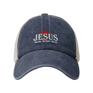 "Jesus The Way The Truth The Life" Printed Washed Cotton Baseball Cap - Adjustable Retro Mesh Back Christian Graphic Hat, Faith-Based Graphic Hat for Christian Believers, Christian Graphic Hats, Faith-Based Graphic Hats