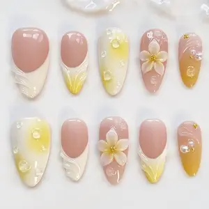 milo.nail&care Lemon Glow Press-On Nails, Soft Yellow Ombre French Design, Dew Drop Effect & Floral Accent, Glossy Summer Resort Handmade Nail Set