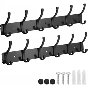 Dntorx Coat Rack Wall Mount, 2 Pack Coat Hooks Hanger Wall Double Hook Rack Rail Towel Hat Rack Entryway Bathroom Hanger Organizer for Robes, Clothes, Bags, Hat(Black)