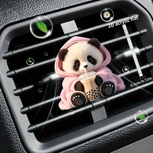 A cute panda wearing a pink dress and drinking milk tea pattern car air outlet clip decoration, "unscented", with a pair of odorless sponges, fashionable car interior accessories, clip for fresh air