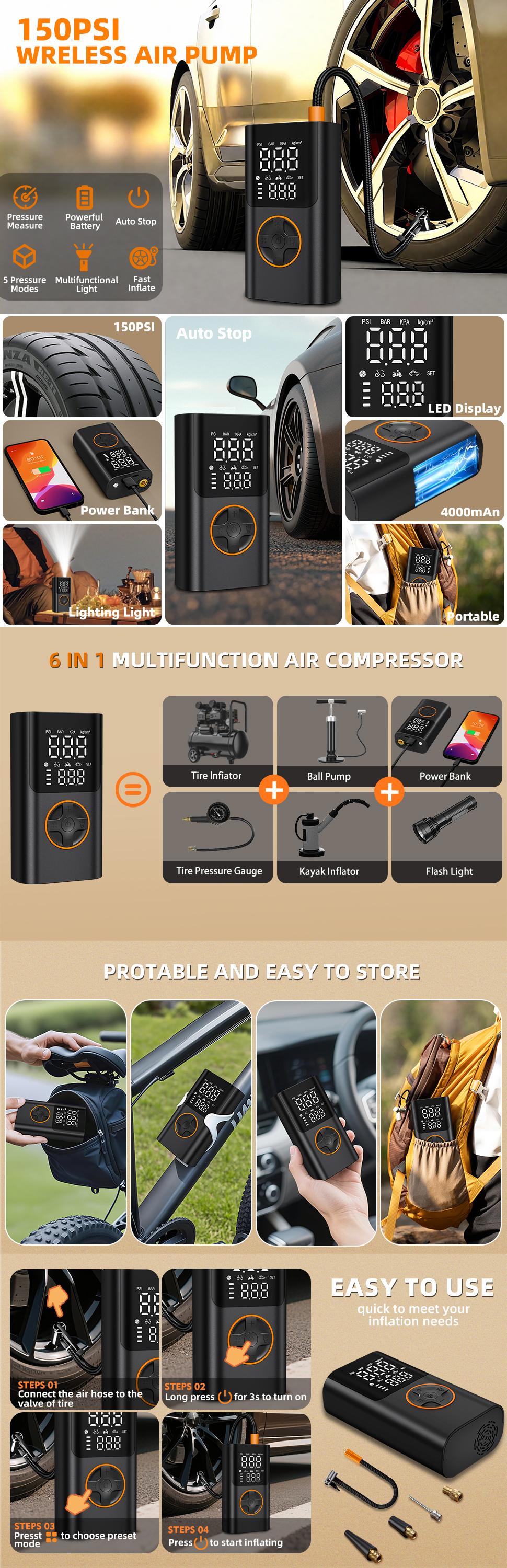 Wireless Air Compressor 150PSI Air Pump Cordless Mini Bike Pump Air Pump for Auto Portable Digital Tire Inflator with USB Output for Car Motorcycle Bicycle Ball