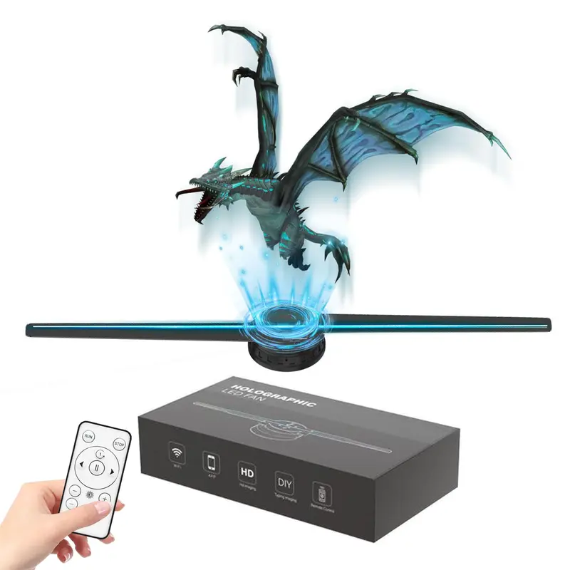 42cm 2-Blade Holographic Projector Fan, Plug-and-Play LED Hologram Light with Audio, Wall-Mountable Man Cave Gadget, Brightness-Adjustable, Fully Customizable with DIY Uploads, Holiday Gift (Black) with Instruction Manual & App Info