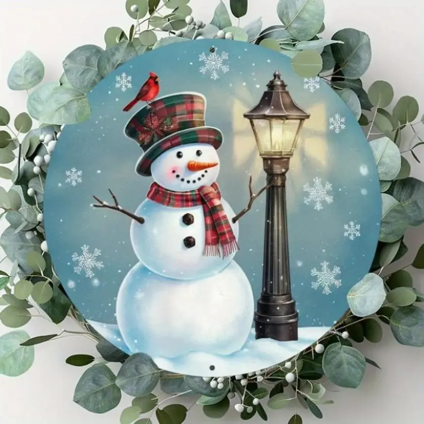 1PC 2D Plane Retro Snowman & Lamp Post Aluminum Wall Hanging Sign 20.32cm Round - Weather Resistant Country Style Home & Garden Decoration, Farmhouse Wall Art, No-Power Christmas Decor