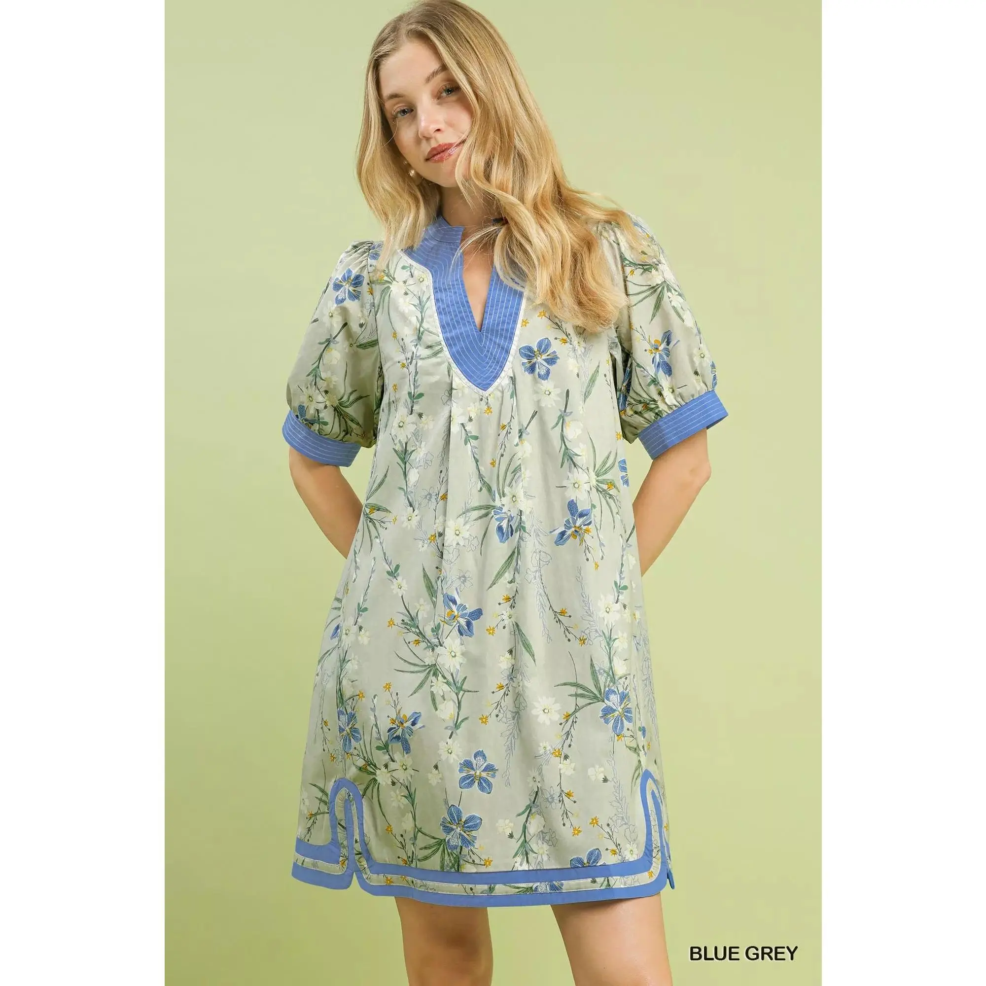Umgee Floral Puff Sleeve Dress with Contrast Trim