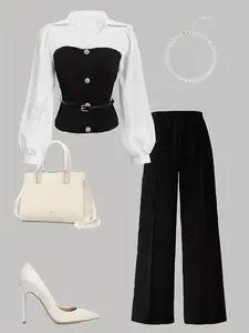 Women's spring-autumn black and white spliced turn-down collar puff-sleeve rhinestone-button belt woven top + elastic-waist wide-leg pants set, Fitted, retro feminine commuter style outfit, suitable for daily commuting, casual gatherings