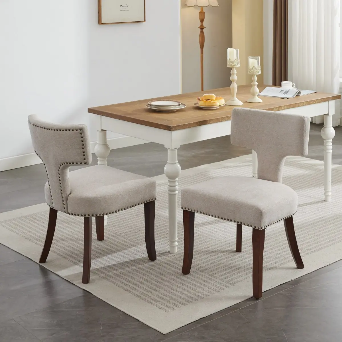2-Pack Armless Walnut Solid Wood Dining Chairs - Adjustable Legs, Curved Backs, Cushioned Seats, Copper Nail Decor, Steel Springs, High-Density Foam, 300 LBS Load, Balance Studs, Ergonomic Design, Assembly Required for Home Indoor Use, Contemporary