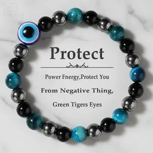 Evil Eye Design 3X Power Protection Bracelet for Women & Men, Tiger Eye & Hematite Stone Beads, Healing Crystal Jewelry Gift for Her and Him, Birthday Gifts