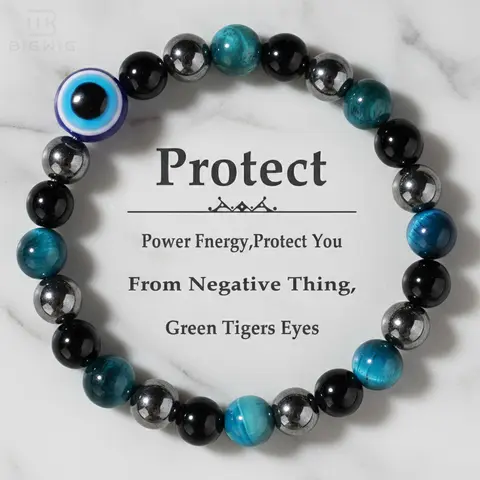 Unisex Non-Natural Crystal Beaded Bracelet - 3X Energy Protection, Exquisite Trendy, Fashionable Eye Motif, Tiger Eye & Hematite Beads, Adjustable Round Jewelry, Adults, Enhance Positivity, Ideal Daily/Birthday Gift