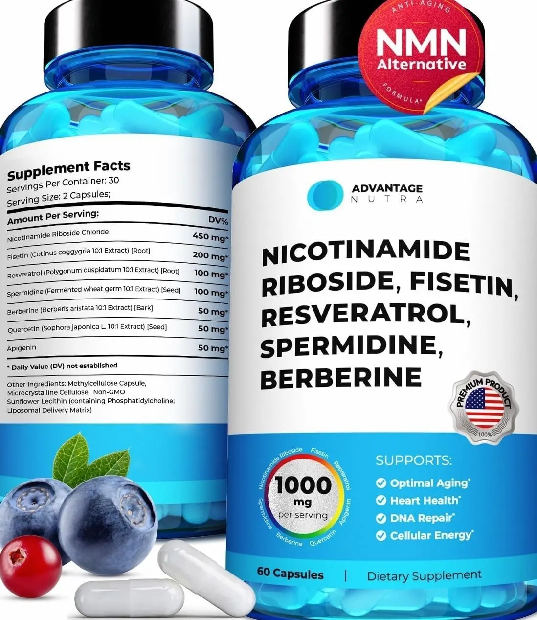 Liposomal Nicotinamide Riboside NR Supplement Resveratrol NAD : Nicotinamide 500mg w/Fisetin, Resveratrol Powder Spermidine Berberine NAD Resveratrol Supplement 500 mg - 60 caps 1 Pack