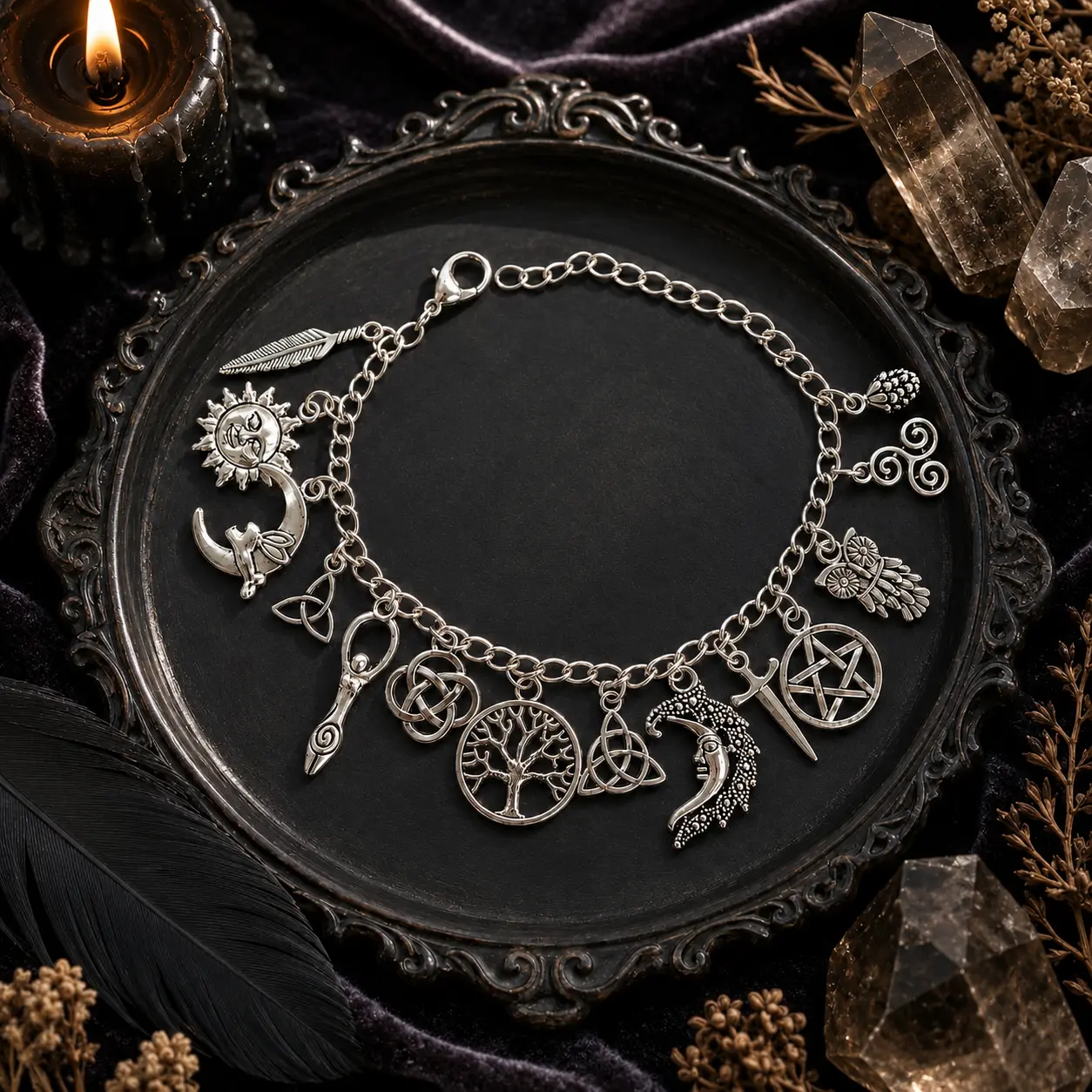 Vintage Symbolic Charm Bracelet for Women, Boho Silver Moon Sun Tree of Life Bracelet, Celestial Nature Inspired Charms, Adjustable Chain Bracelet & Anklet, Gothic Vintage Jewelry, Unique Birthday Christmas Gift for Her