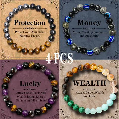 4PCS Exquisite Bohemian Beaded Bracelet - Natural Citrine, Malachite，Natural Tiger Eye & Amethyst Beaded Bracelet, Elastic Protection Crystal Bracelet For Men And Women, Unscented Solid Jewelry Gift