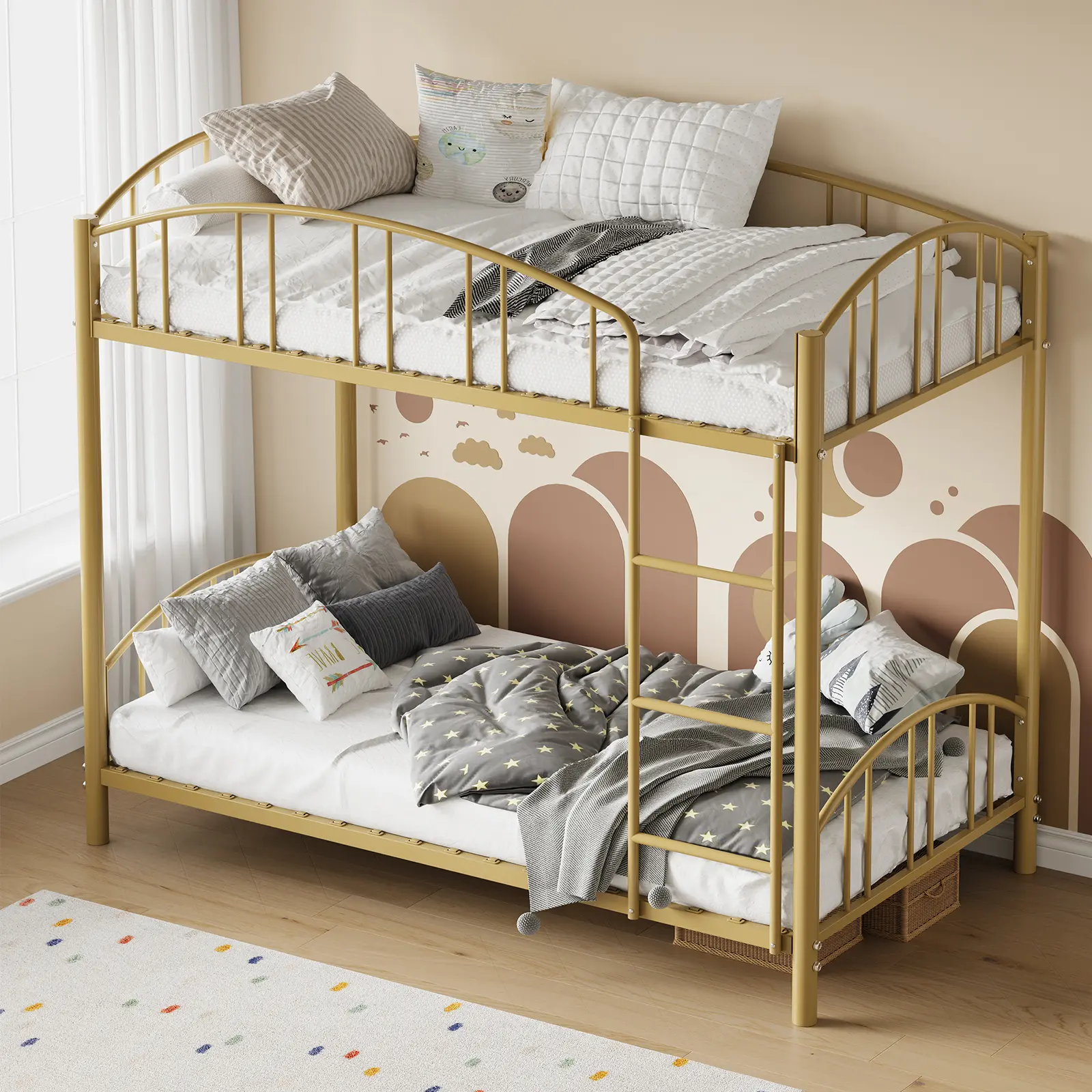 Twin Over Twin Metal Bunk Bed with Arched Guardrail and Ladder, Heavy Duty Steel Frame 400 lbs, Space Saving Noise Free No Box Spring Needed, Gold/Pink/White/Gray/Black
