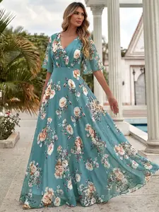 Elegant Boho Bohemian Floral V-Neck Bell Sleeve Lightweight Chiffon Dress, Womenswear, Waist-Cropped Design, Perfect for Bridesmaid Parties, Random Cut Style, Women's Formal Wear