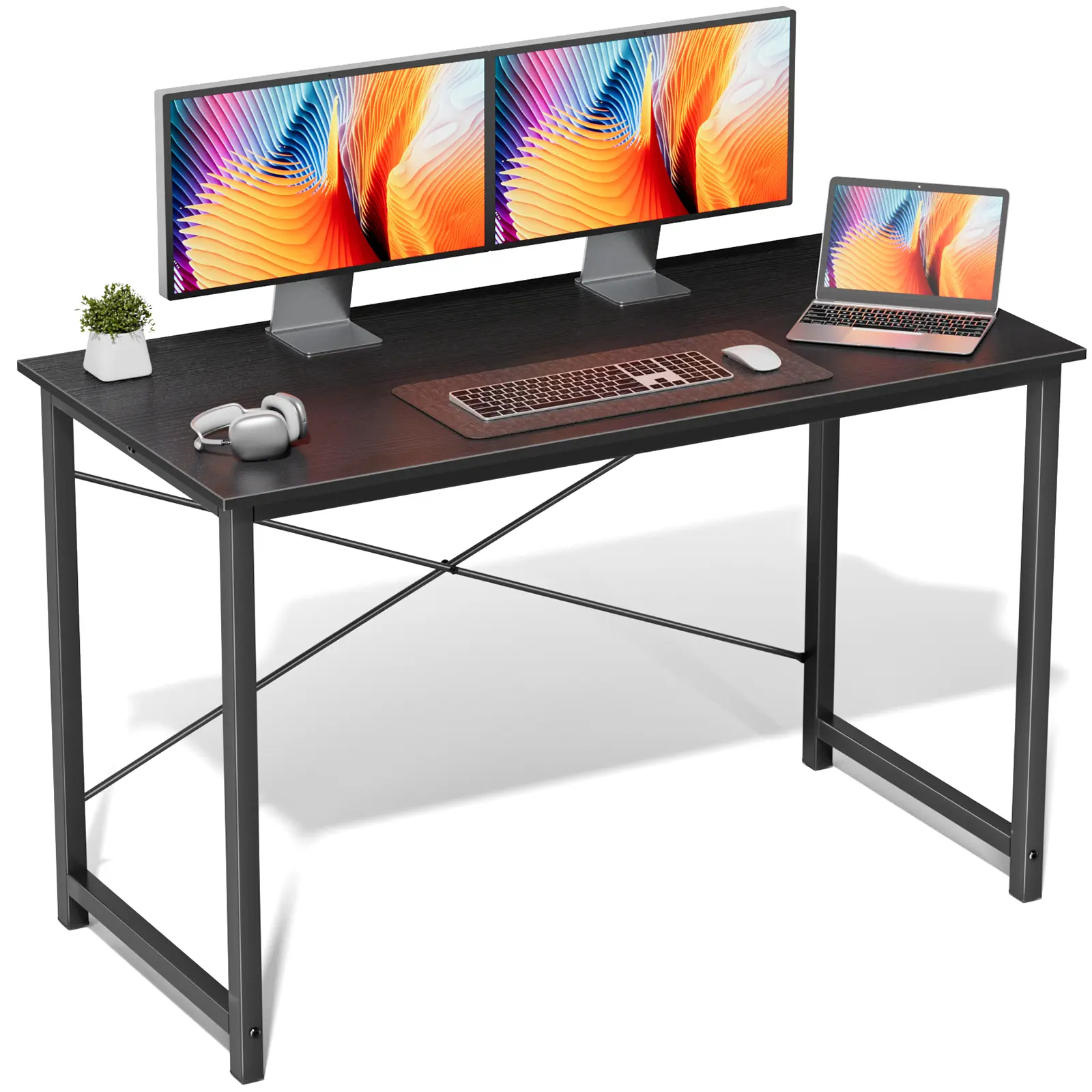 Modern Computer Office Desk for Small Spaces, 47 Inch Writing Gaming Work Desk with Sturdy Metal Frame & X-Brace Support, Ergonomic Home Office Desk for Laptop, Study, Gaming & Kids Use, Easy Assembly, Black