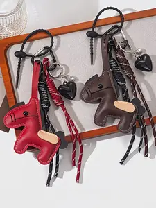 Retro PU Little Horse Heart Pendant, American Retro Style Braided Rope Keychain Kawaii, Three-Dimensional Little Horse + Double Heart Pendant, Detachable, Suitable For Bags/Keys, Ideal For Retro Style Lovers, Best Friends Gifting, Daily Outings