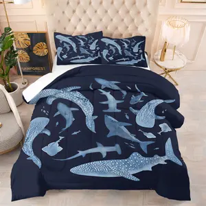 Deep Blue Shark Comforter Set, Includes 1 Soft Comforter and 1-2 Matching Pillowcases,Stunning Underwater Ocean Themed Bedding Set,Vivid Marine Life Print with Whale Shark Pattern,Stylish Home Decor for Bedroom,Dorm and Guest Room