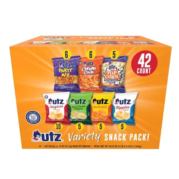 Crunchy Sour Flavor Snack Variety Pack - 42-Count Individual Wraps with Ripple Potato Chips, Cheese Curls, Cheese Corn, Popcorn, Barbecue Seasoning Mix, Halal Certified Ambient-Temp Snacks for School Lunches, Home & Work, Party Bowls