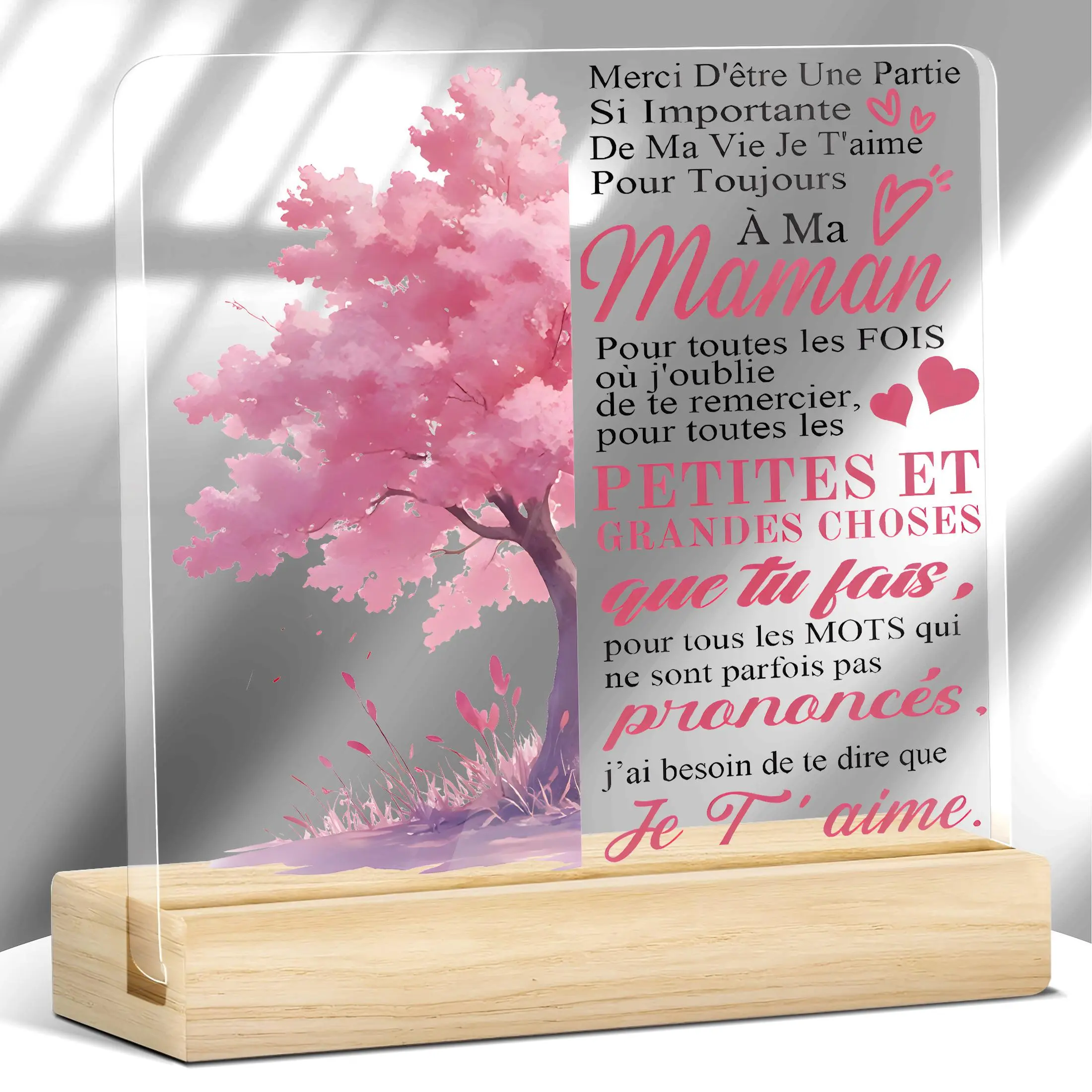 Cherry Blossom Pattern Acrylic Sign with Wooden Base, Floral Farmhouse Desk Decor, Sentimental Keepsake Home Ornament, Gift for Mom