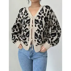 Women's Leopard Print Bow Tie Soft Knitting Cardigan Sweater Long Sleeve Fall Winter Fashion Casual Loose Fit Elegant Style Versatile Knitwear