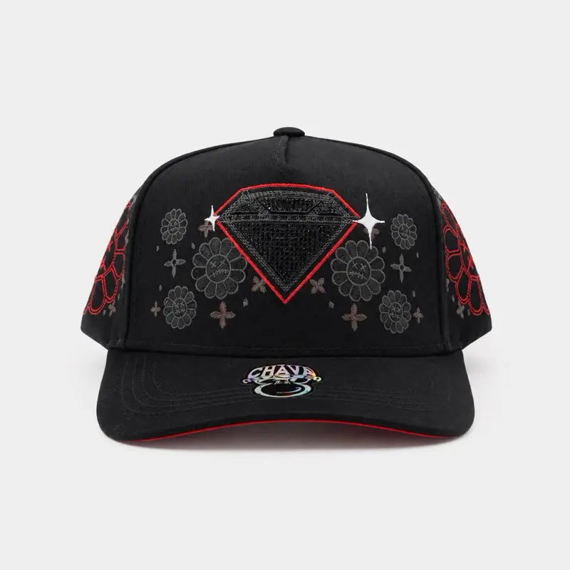 Gorra Diamante Chava Hats with Red and Black Embroidery and Diamond Design