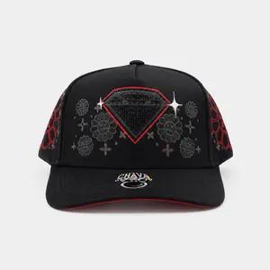 Gorra Diamante Chava Hats with Red and Black Embroidery and Diamond Design