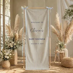 Personalized Baby Shower Fabric Banner, Welcome Baby Shower Sign, Blue Striped Party Entrance Decor, Custom Baby Shower Backdrop Banner