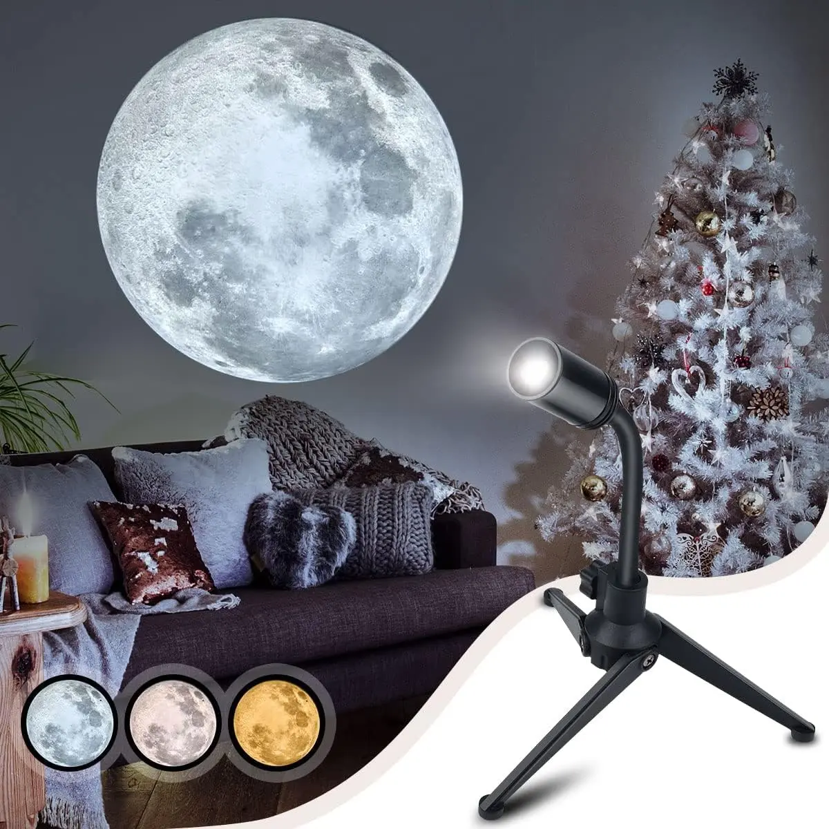 Upgrade Moon Projector Night Light, USB Charging Moon Lamp with 3 Lighting Colors, Angle Bendable Brightness Adjustable Moon Atmosphere Projector, Wall Ceiling DecorGift.