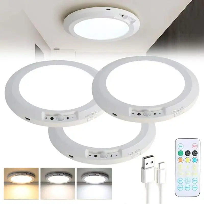 1/2/3-Pack Rechargeable Indoor Ceiling Light - 3 Color Modes, Motion Sensor, Remote Control, Wireless Battery-Operated Magnetic LED Light for Closet, Pantry, Garage
