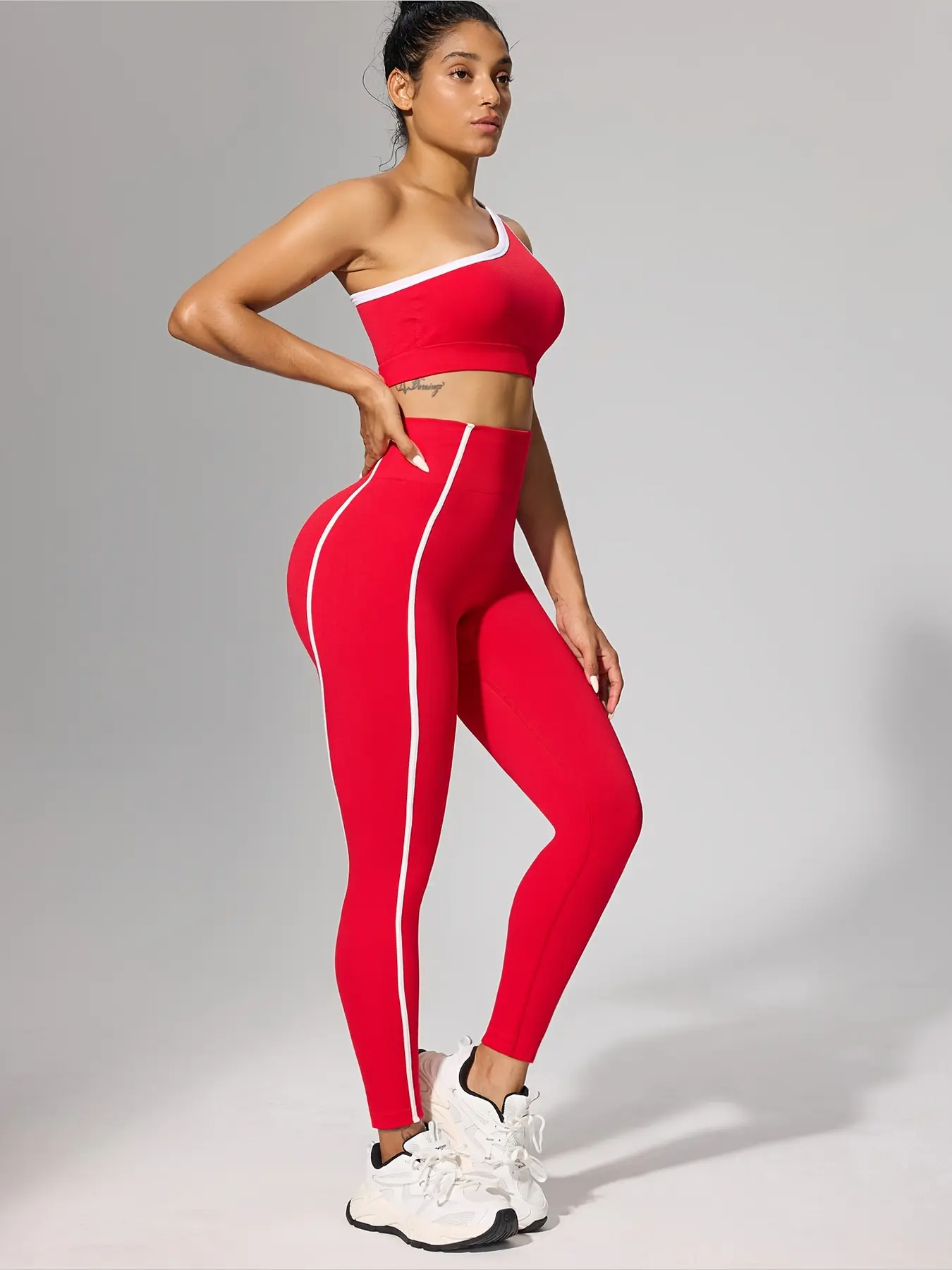 Women's 2-Piece 1-Shoulder Sports Bra & High-Waist Leggings Set, Contrast Trim, Tummy Control, Butt Lifting for Yoga, Gym
