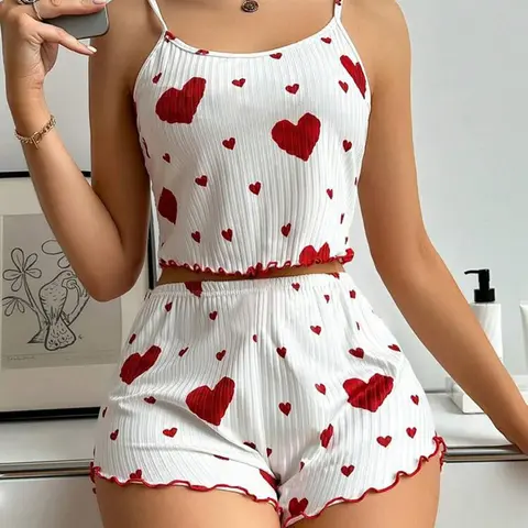 FEITAI Women's 2-Piece Knit Spaghetti Strap Pajama Set - Cute Heart Print Top, Ruffle Above-Knee Shorts, Soft Breathable Stretchy Fabric, Machine-Washable, Fits Casual Romantic Pajamas & Loungewear, Darling Loungewear Pjs All Day
