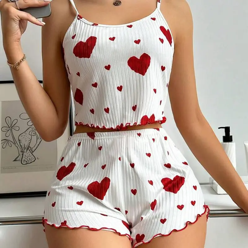 FEITAI Women's 2-Piece Knit Spaghetti Strap Pajama Set - Cute Heart Print Top, Ruffle Above-Knee Shorts, Soft Breathable Stretchy Fabric, Machine-Washable, Fits Casual Romantic Pajamas & Loungewear, Darling Loungewear Pjs All Day