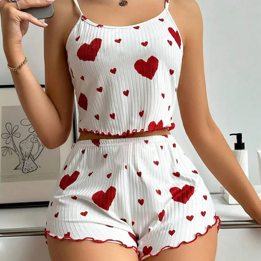 FEITAI Women's 2-Piece Heart Print Ribbed Cami & Shorts Pajamas Set - Casual, Everyday Cute Comfy Stretchy Sleepwear, Machine Washable Loungewear