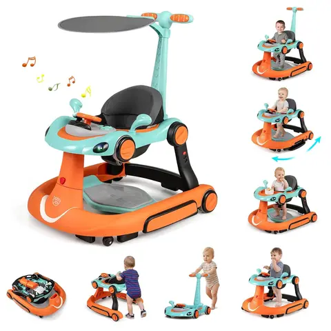 Costzon 4-in-1 Baby Walker, Foldable Activity Walker with Adjustable Height & Speed, Music, Lights, Anti-Rollover, Toddler Push Walker, Baby Walker with Wheels for Boys Girls 6-18 Months, Gift Season BlackFriday Friends Giving