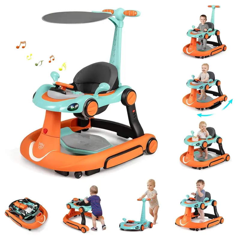 Costzon 4-in-1 Baby Walker, Foldable Activity Walker with Adjustable Height & Speed, Music, Lights, Anti-Rollover, Toddler Push Walker, Baby Walker with Wheels for Boys Girls 6-18 Months, Gift Season BlackFriday Friends Giving