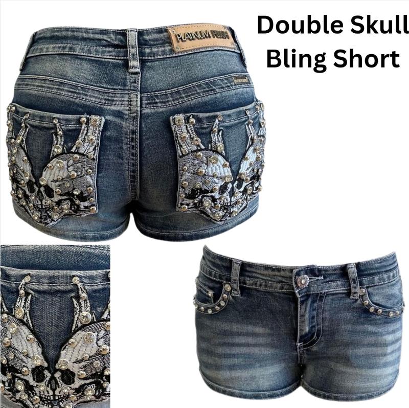 McBling Denim Shorts Y2K Mid Waist Skull Wing Cross Plus Stretch biker rocker vintage Rock rhinestone vaquera Embroidered street Alt emo edgy Fit