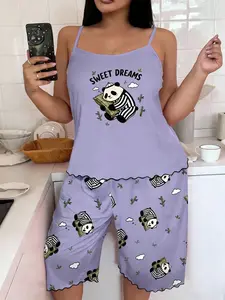 Plus Size Women's Fashion Casual Wearable Pajama Set, Soft Knit Comfort, Cute Cartoon Panda Print Tank Top & Seven-Quarter Pants, Two-Piece Set