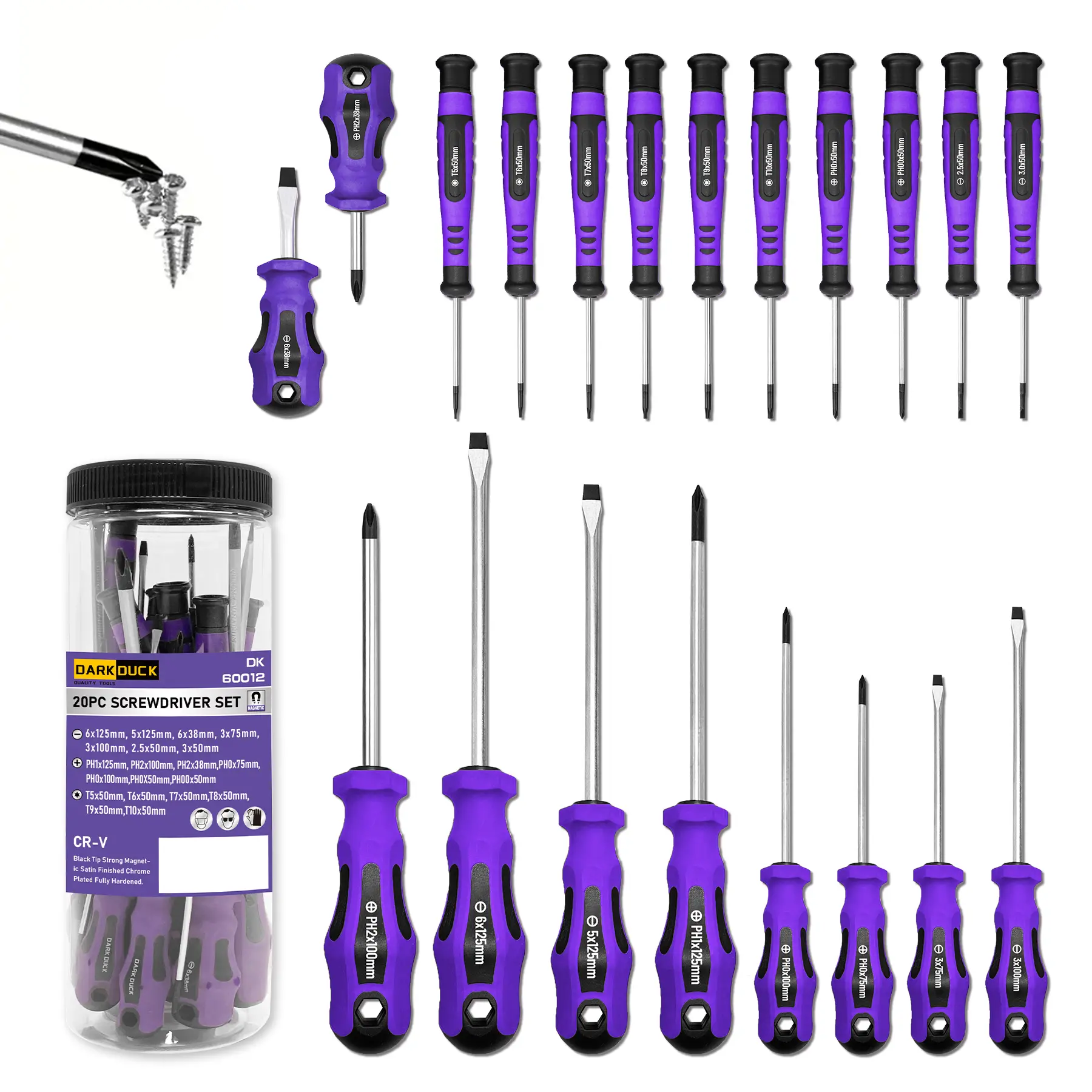 20-Piece Magnetic Screwdriver Set – Chrome Vanadium Steel with Flat, Phillips & Star Bits | Polished Finish, Ergonomic Grip | Ideal for Daily Use, Woodworking, Machinery & Construction