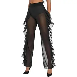 See Through Pants with Ruffle Bikini Cover Up Pants Tall Black for Beach Club Party Music Festival Stripper Outfit