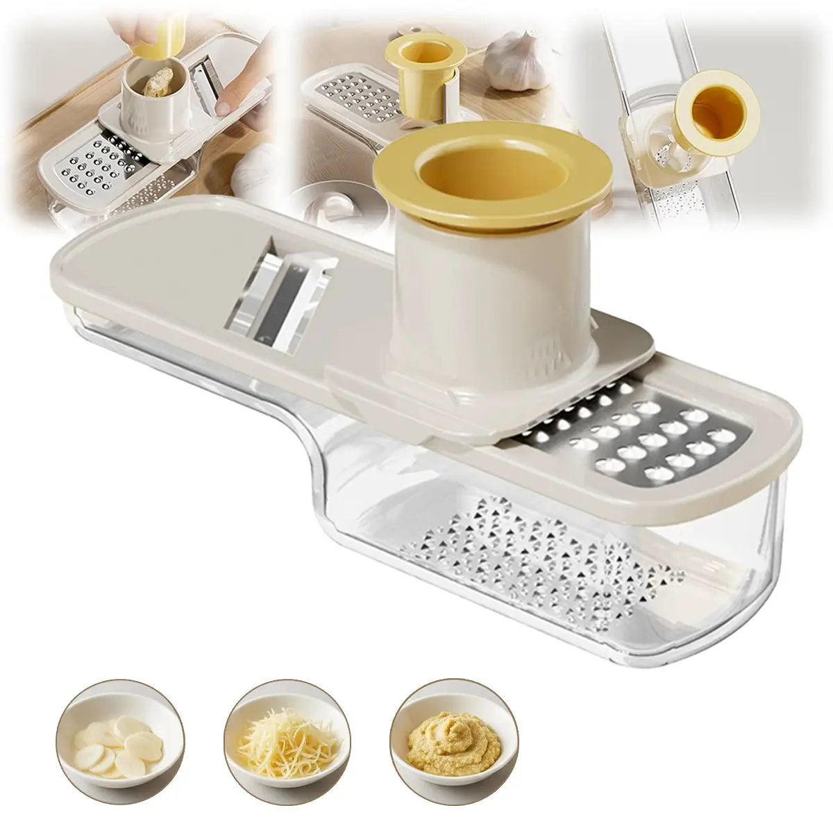 Beige-White Manual Ginger Garlic Grater with Container - Multifunctional Food Cutter, Vegetable Grater, Easy-Grip Kitchen Tool for Baking, Cooking