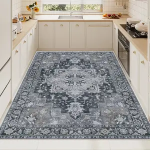 Crystal Velvet Vintage Pattern Large Kitchen Rug, Non-Slip Waterproof Durable Structure, Easy to Clean, Ideal for Large Spaces