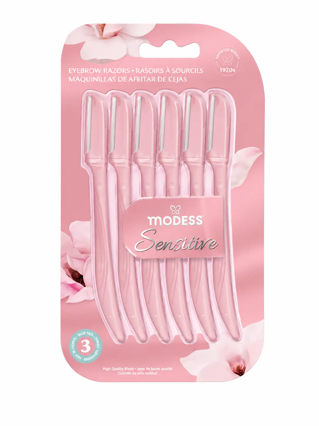 Modess Cosmetics Eyebrow Razors, 3-Pack Soft Durable Dermaplaning Tool, Peach Fuzz Remover, Sensitive Skin Safe, with Protective Caps