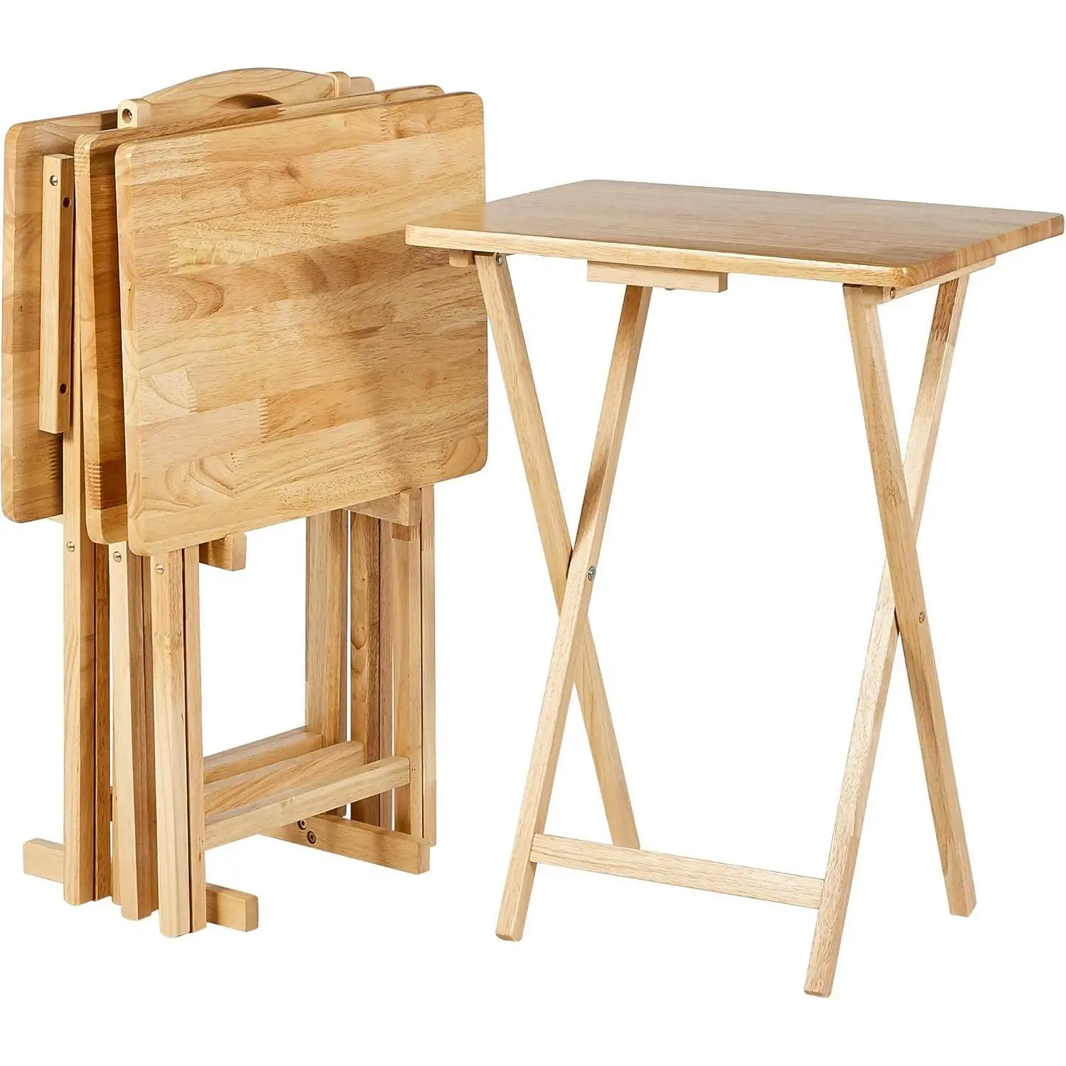 Classic Portable TV Dinner Rectangular Folding Tray Table with Storage Rack, Natural - Set of 4 Trays, 15"D x 19"W x 26"H