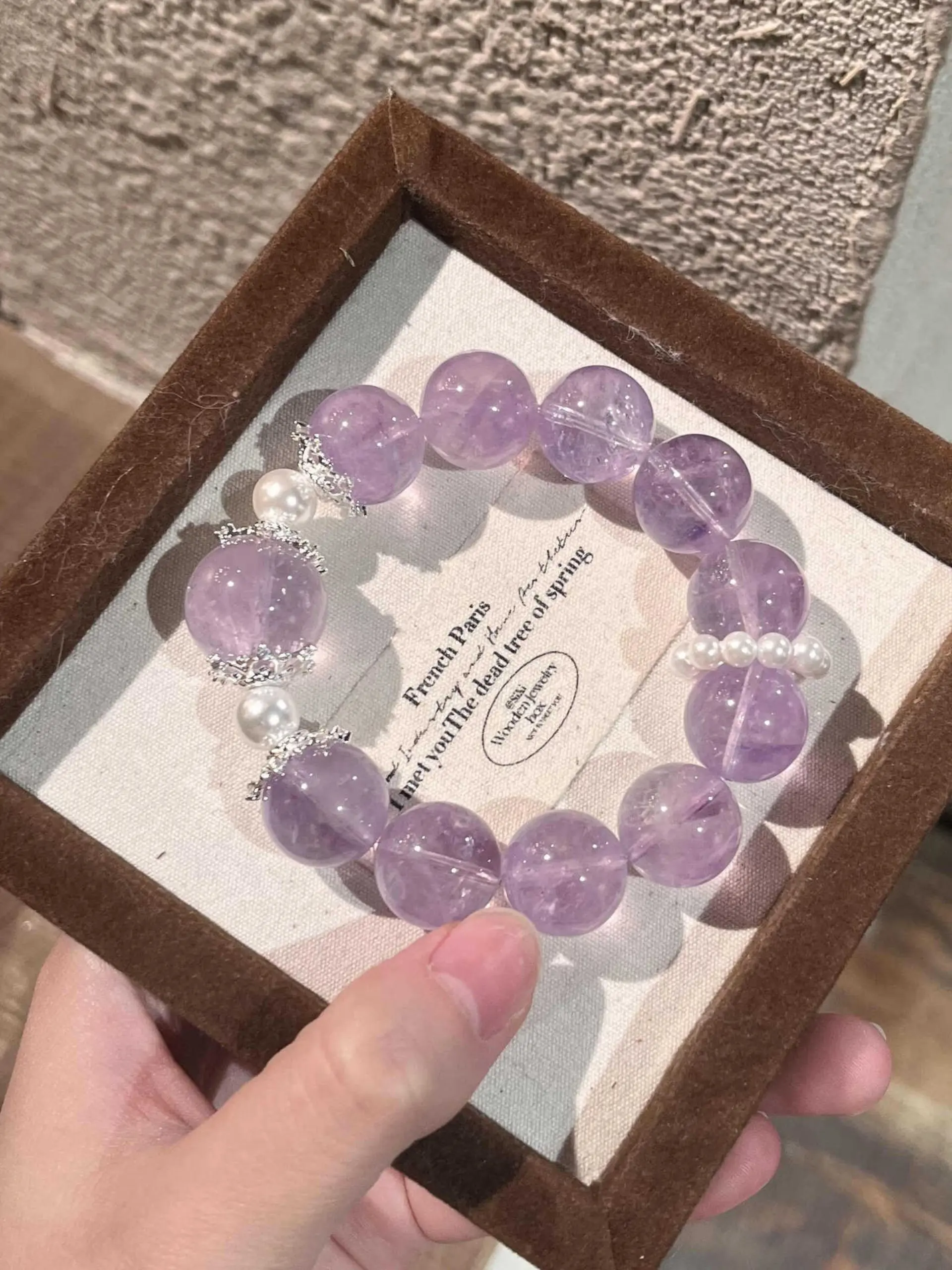 Women's Lavender Crystal Pearl Bracelet, 16mm Quartz Jewelry Gift for Her, Unique Design Handmade Accessory