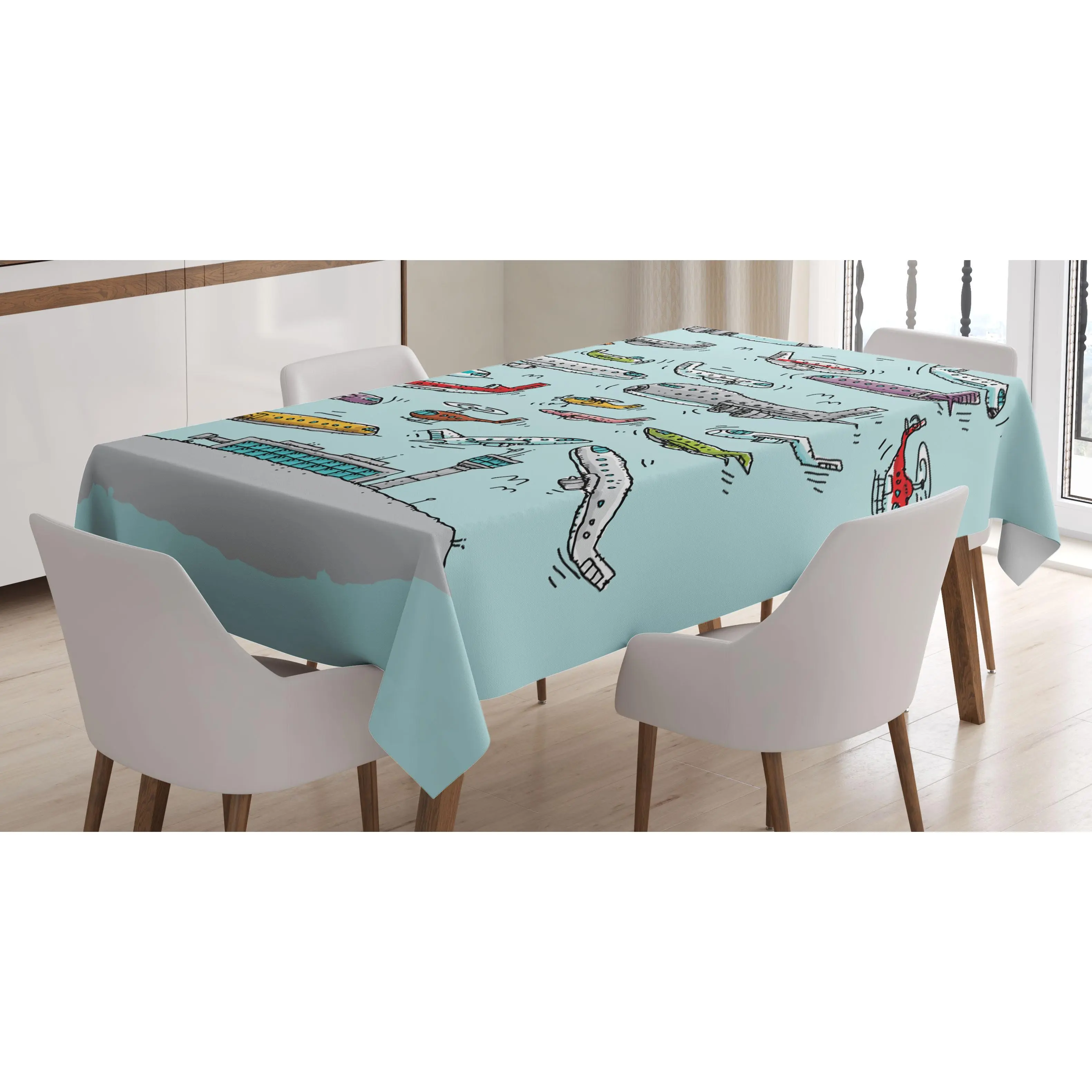 Airplane Tablecloth, Planes Fying in Air Aviation Love Airport Helicopters and Jets Cartoon Style Print, Rectangular Table Cover for Dining Room Kitchen Decor, 52" X 70", Multicolor
