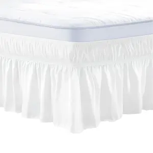 VEVOR Wrap Around Bed Skirt, 15 in Drop, White Dust Ruffle Queen Size, Three Sides Adjustable Bedskirt with Easy Fit Elastic Strap, Wrinkle-Free & Fade-Resistant, Machine Washable, for Queen Size Bed